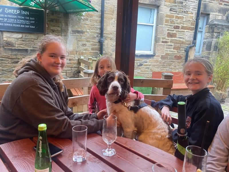 dog at the pub with family